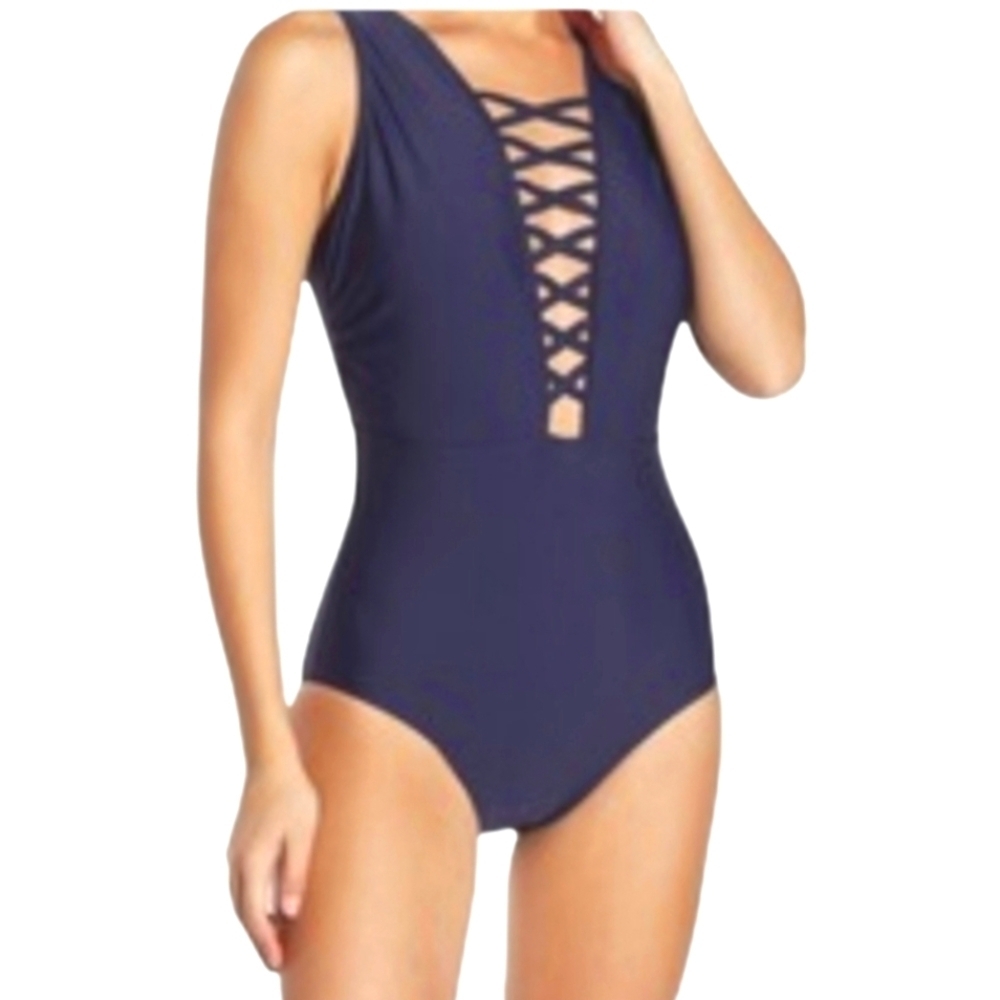 Nicole Miller navy one piece  strappy bodice cut out swimsuit. NWT. Sz 6